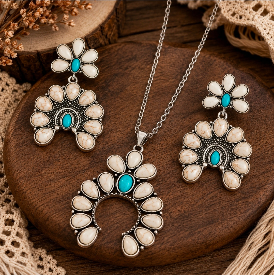Western Ivory Squash Blossom Necklace & Earrings Set | Faux Turquoise Statement Jewelry | Southwestern Cowgirl Jewelry