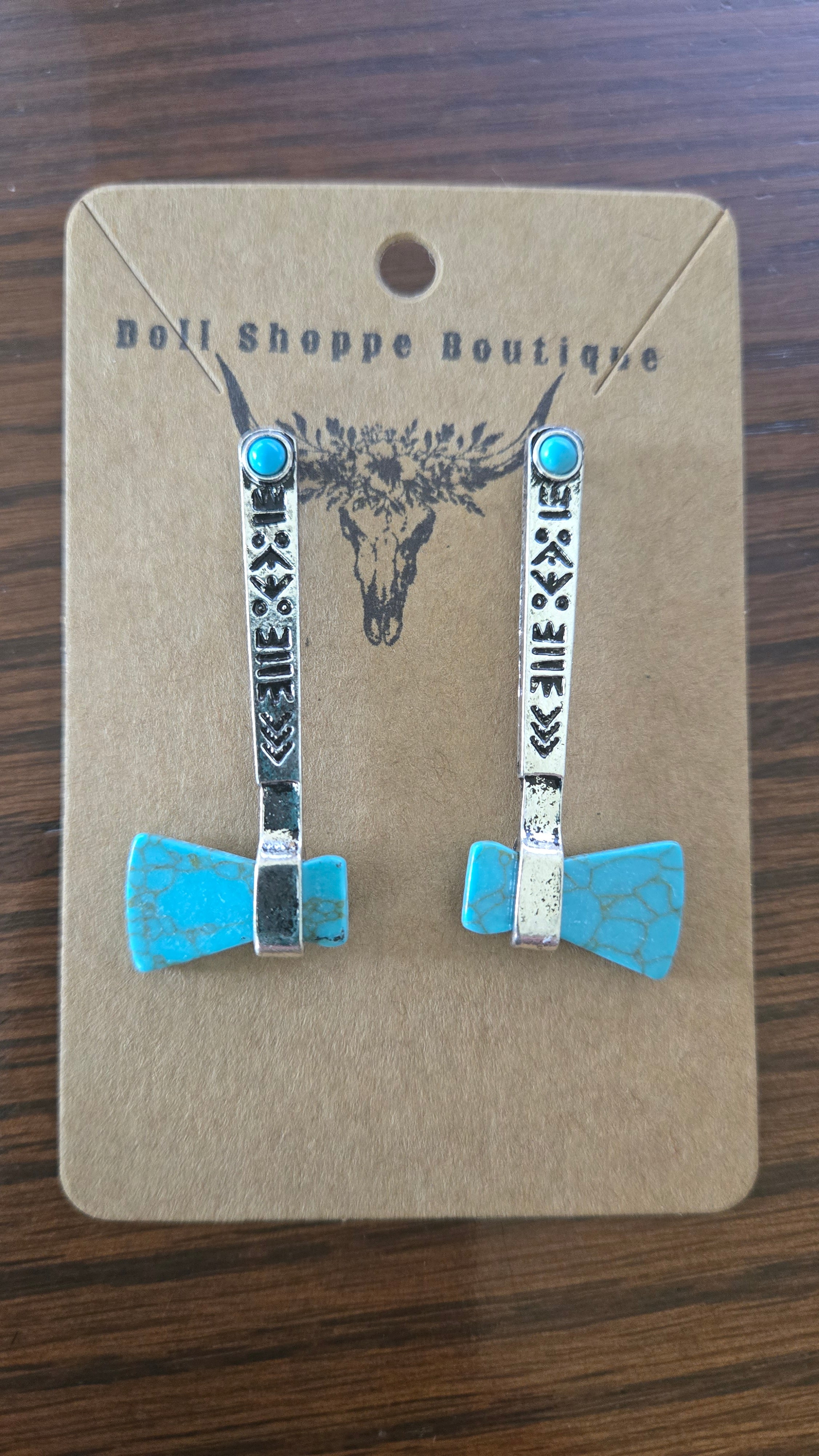 Western Turquoise Tomahawk Earrings | Tribal Engraved Silver Dangle Earrings | Cowgirl Statement Earrings | Southwestern Jewelry | Boho Western Boutique Gift