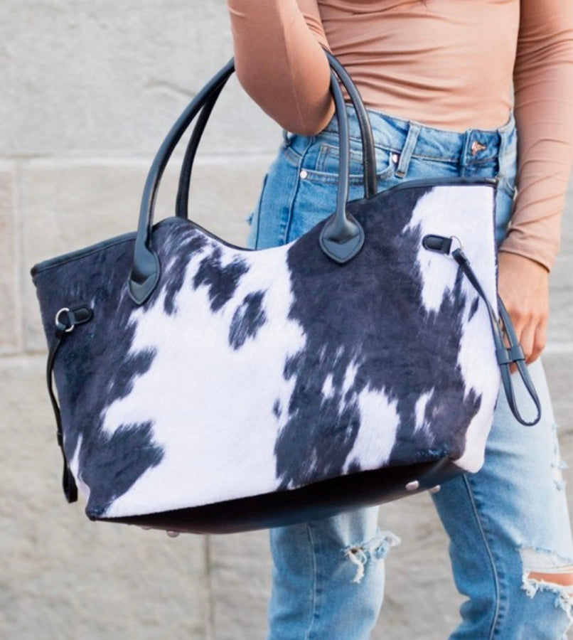 Black & White Cow Print Tote Bag | Western Faux Fur Cowhide Purse | Large Everyday Cowgirl Handbag | Country Western Shoulder Bag | Boutique Tote