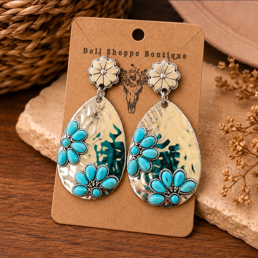 Western Turquoise Teardrop Earrings | Faux Turquoise Silver Hammered Dangle Earrings | Boho Cowgirl Statement Earrings | Western Jewelry for Women