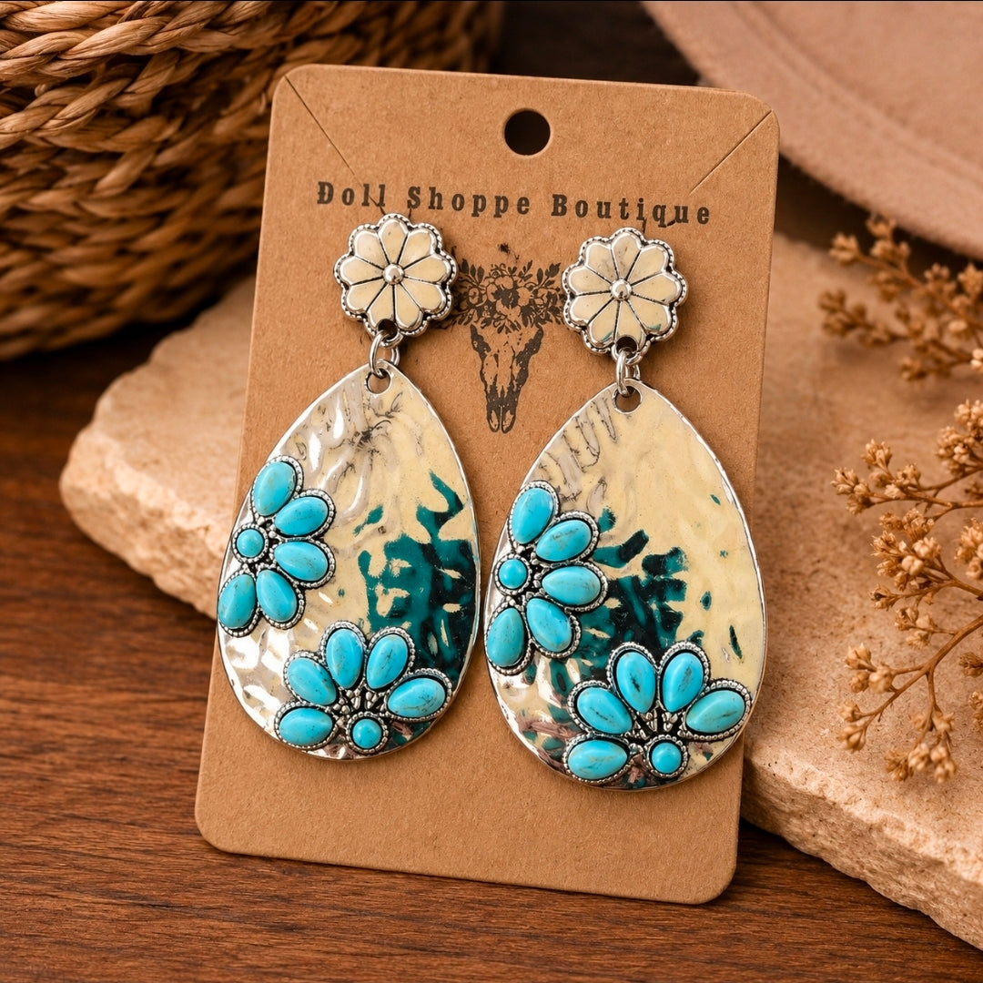 Western Turquoise Teardrop Earrings | Faux Turquoise Silver Hammered Dangle Earrings | Boho Cowgirl Statement Earrings | Western Jewelry for Women