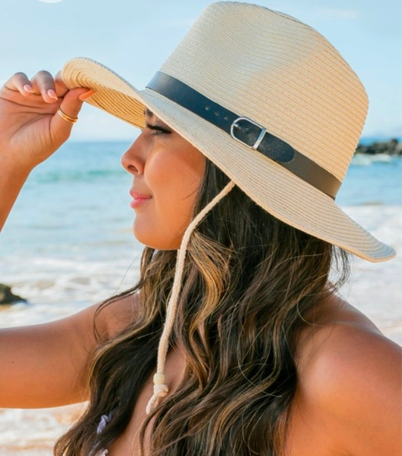 Drawstring Panama Hat for Women | Wide Brim Straw Sun Hat | Beach Hat with Adjustable Drawstring & Faux Leather Belt | Boho Western Cowgirl Summer Hat | Beige or Straw colors available