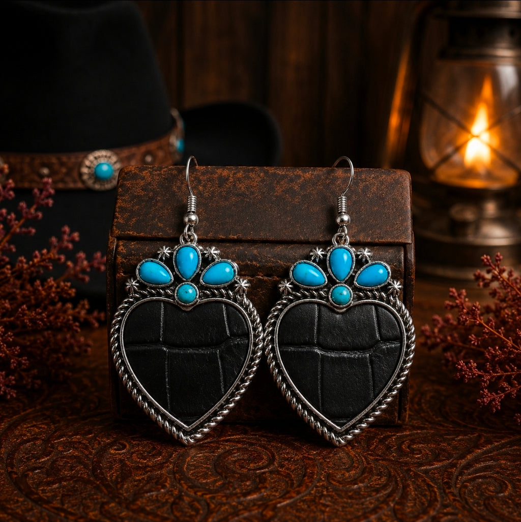 Western Faux Hair-on-Hide Heart Earrings with Turquoise Accent | Cowhide, Leopard & Alligator Variations