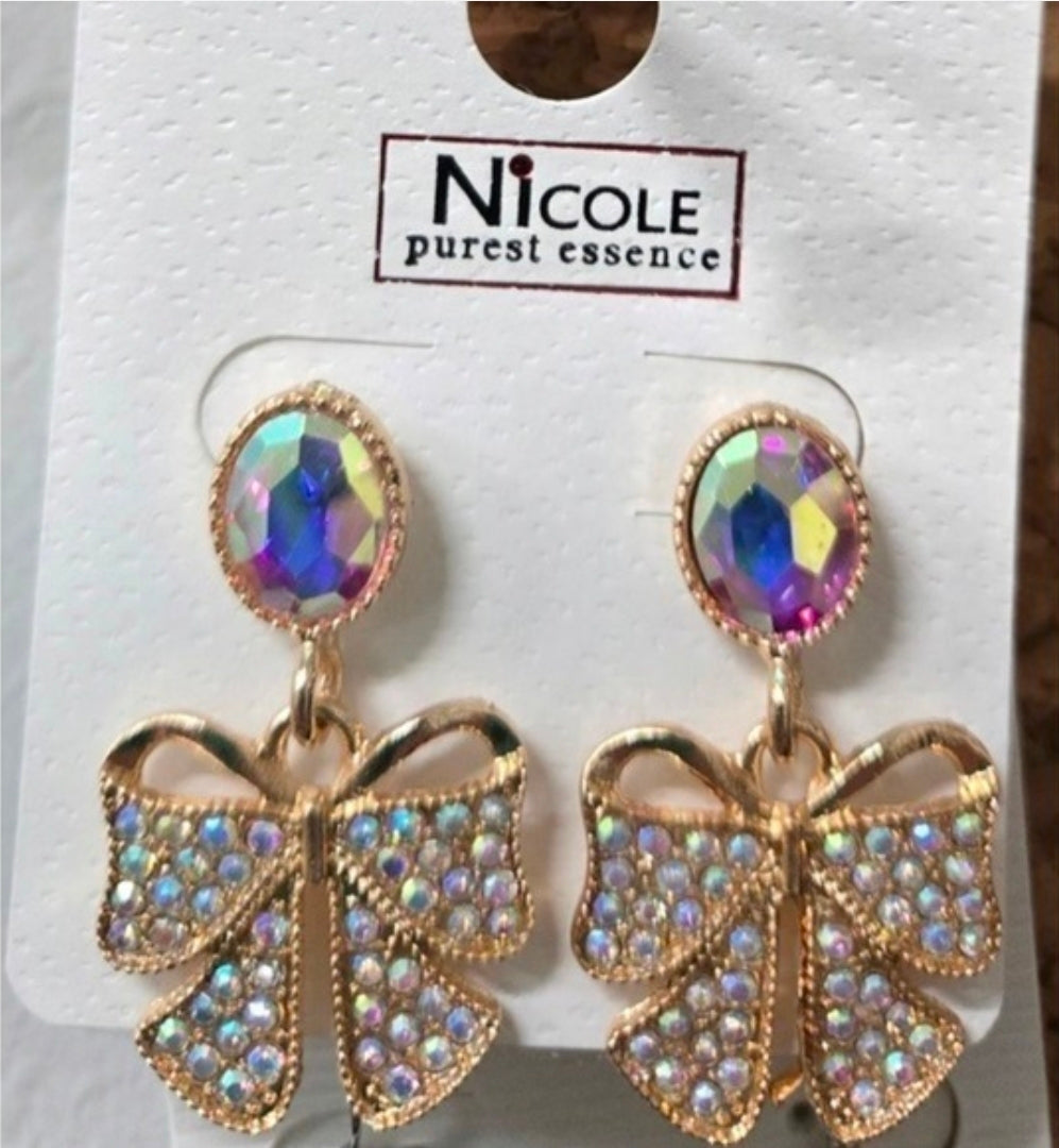 Gold Rhinestone Bow Earrings for Women | AB Crystal Statement Bow Earrings | Coquette Jewelry | Sparkly Glam Bow Dangle Earrings | Boutique Fashion Jewelry Gift