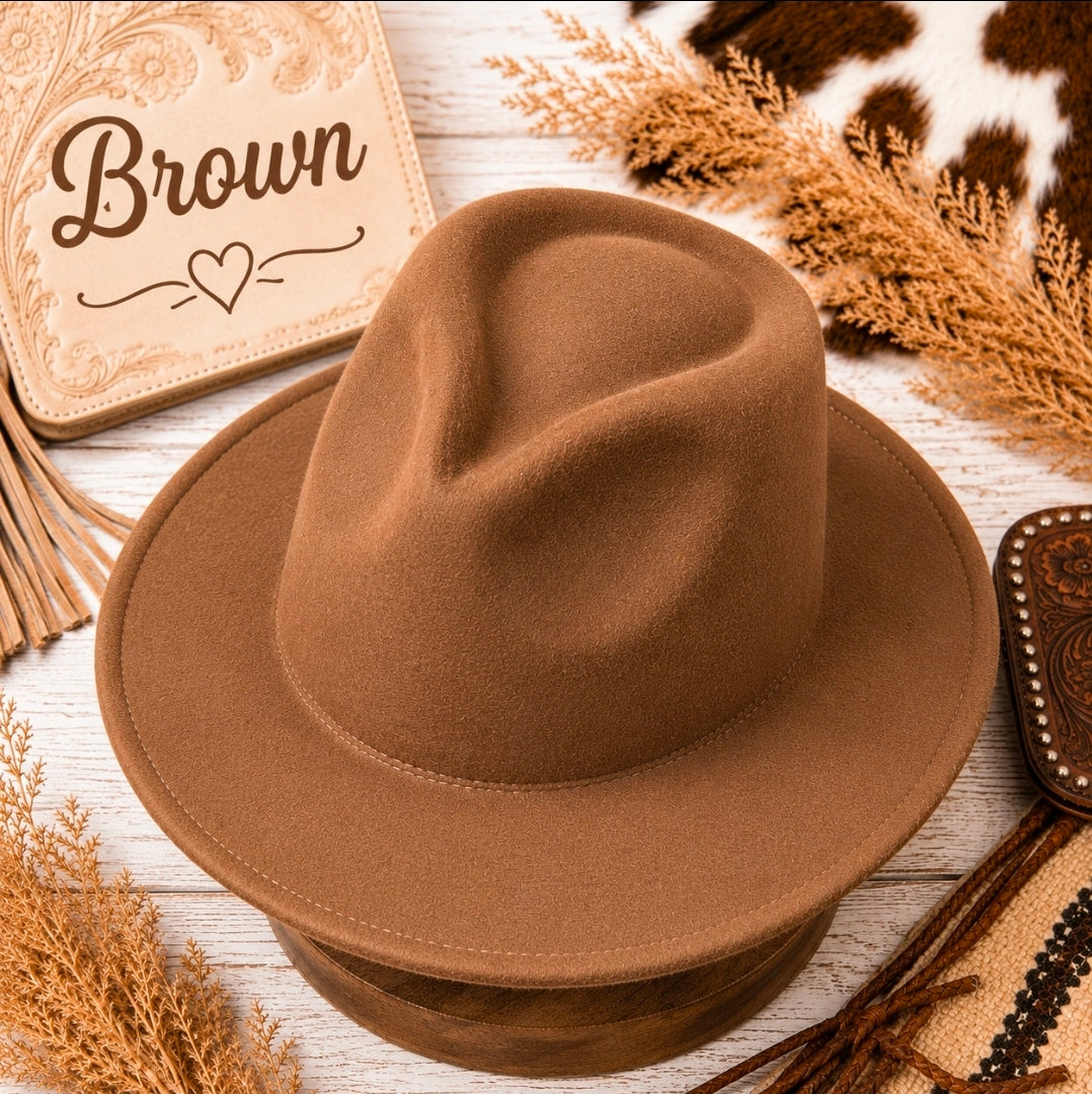 Wide Brim Felt Fedora Hat | Adjustable Flat Brim Jazz Hat | Western Boho Ranch Style | 8 Colors Available