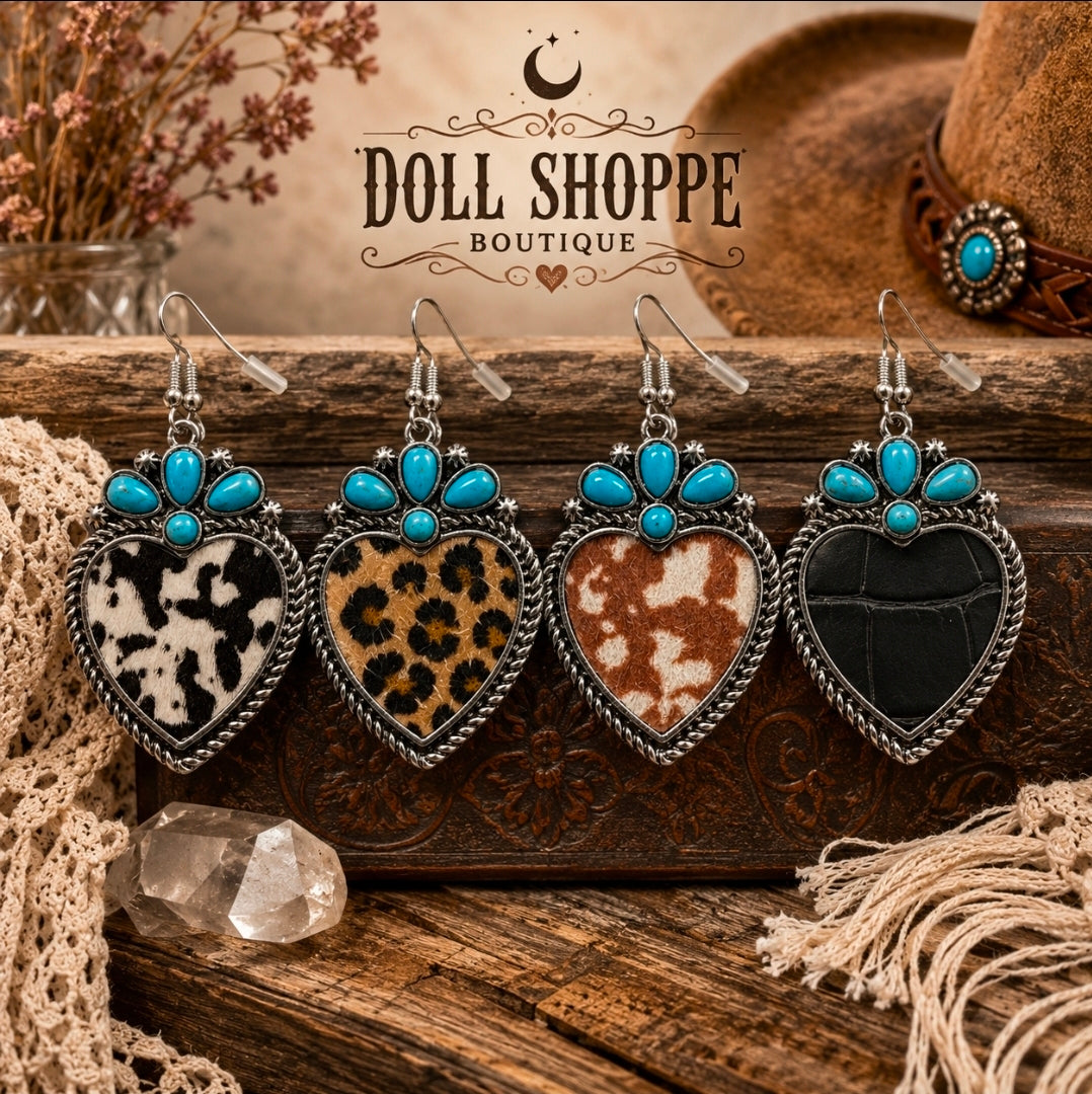 Western Faux Hair-on-Hide Heart Earrings with Turquoise Accent | Cowhide, Leopard & Alligator Variations