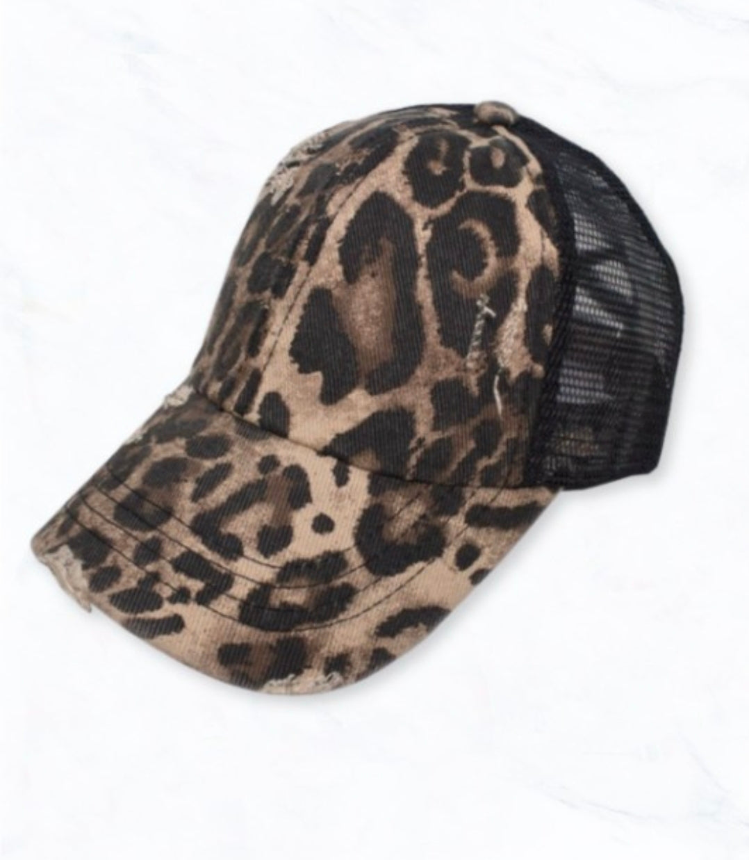 Mesh Back Ponytail Baseball Cap | Distressed Trucker Hat | Leopard, Black & Grey | High Ponytail Hat | Adjustable Women's Ball Cap