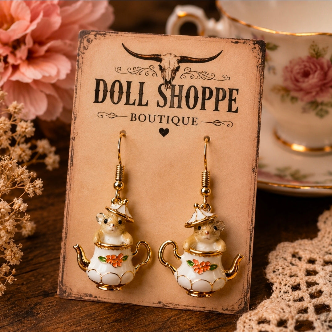 Whimsical Mouse in Teapot Dangle Earrings | Cottagecore Tea Party Earrings | Cute Animal Earrings | Vintage Inspired Novelty Jewelry | Tea Lover Gift