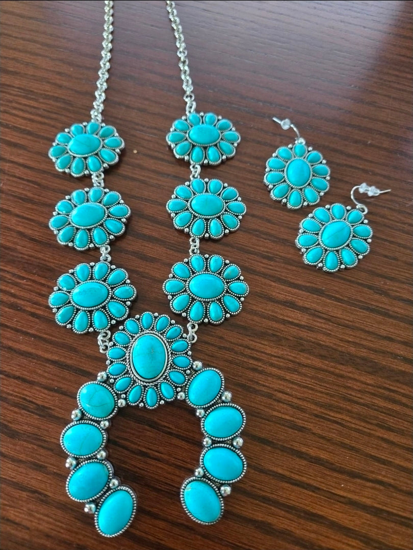 Western Faux Turquoise Squash Blossom Necklace Set | Statement Necklace & Earrings | Cowgirl Jewelry | Boho Western Jewelry | Boutique Gift for Her