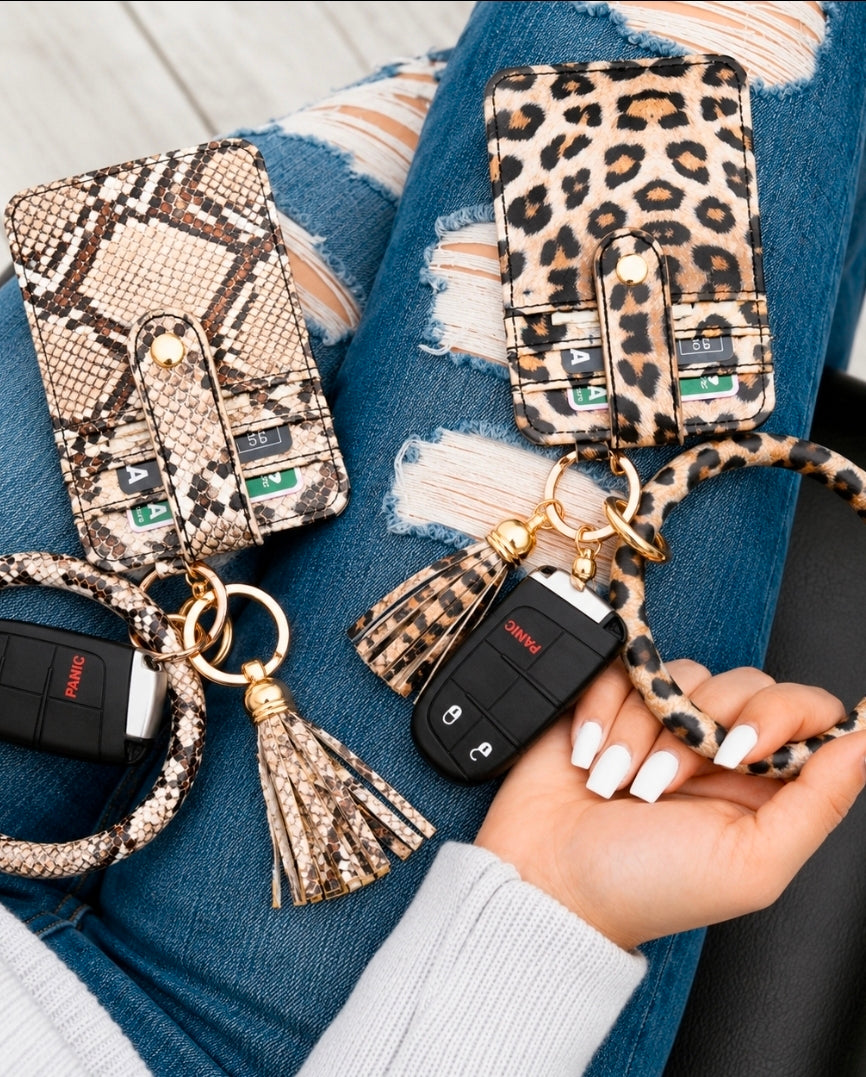 Leopard & Snakeskin Key Ring Wallet Bracelet for Women | Card Holder Keychain Wallet | Silicone Bangle Wristlet | Boutique Keychain Wallet | Gift for Her