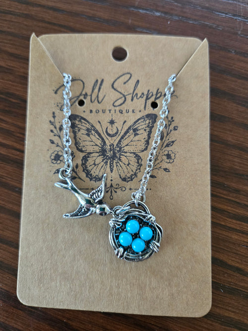 Bird Nest Necklace with Faux Turquoise Eggs | Silver Bird Pendant Necklace | Nature Inspired Jewelry | Boho Western Necklace | Rustic Gift for Bird Lovers