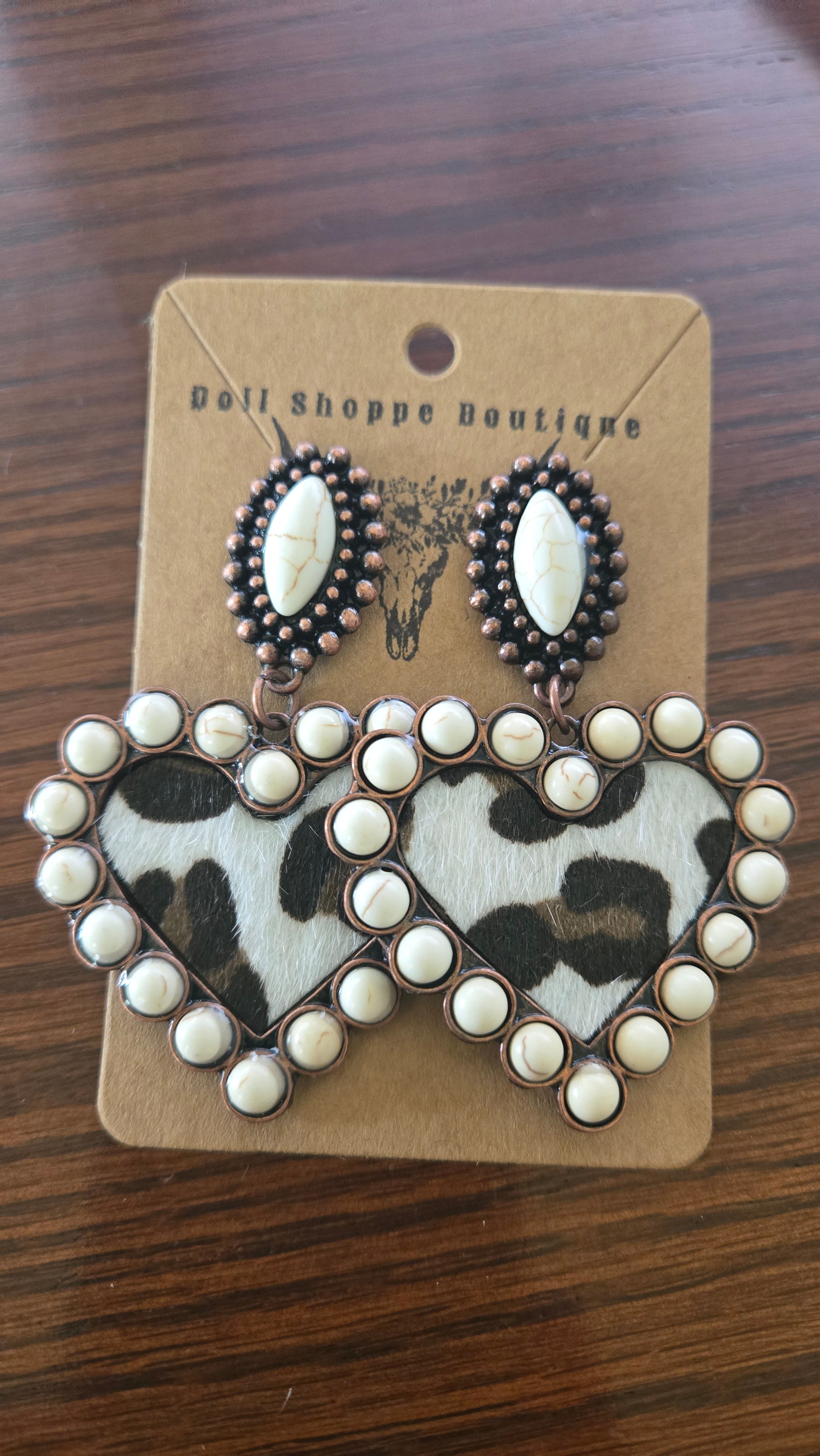 Western Cowhide Heart Earrings | Ivory Howlite Statement Earrings | Faux Fur Cowgirl Earrings | Copper Western Jewelry | Boho Boutique Gift