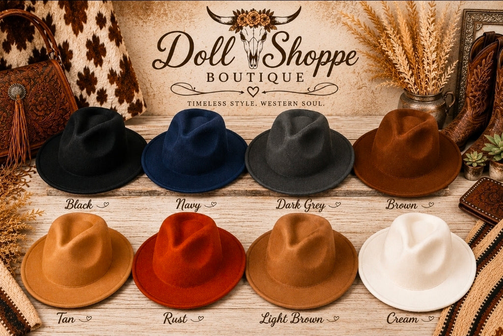 Wide Brim Felt Fedora Hat | Adjustable Flat Brim Jazz Hat | Western Boho Ranch Style | 8 Colors Available