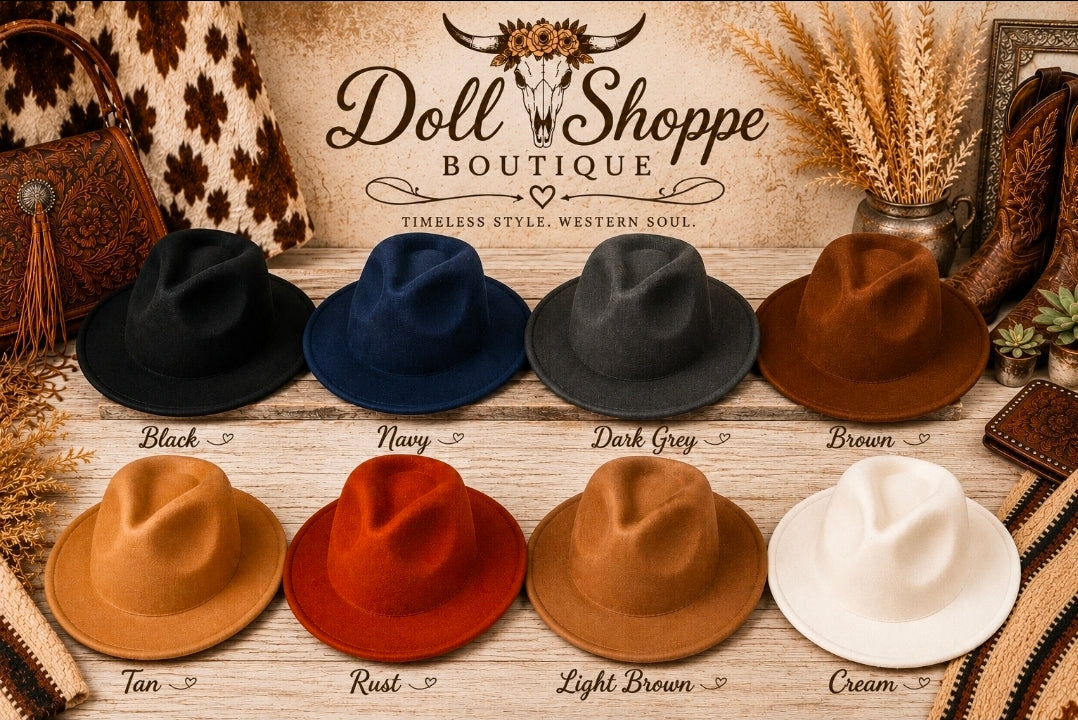Wide Brim Felt Fedora Hat | Adjustable Flat Brim Jazz Hat | Western Boho Ranch Style | 8 Colors Available