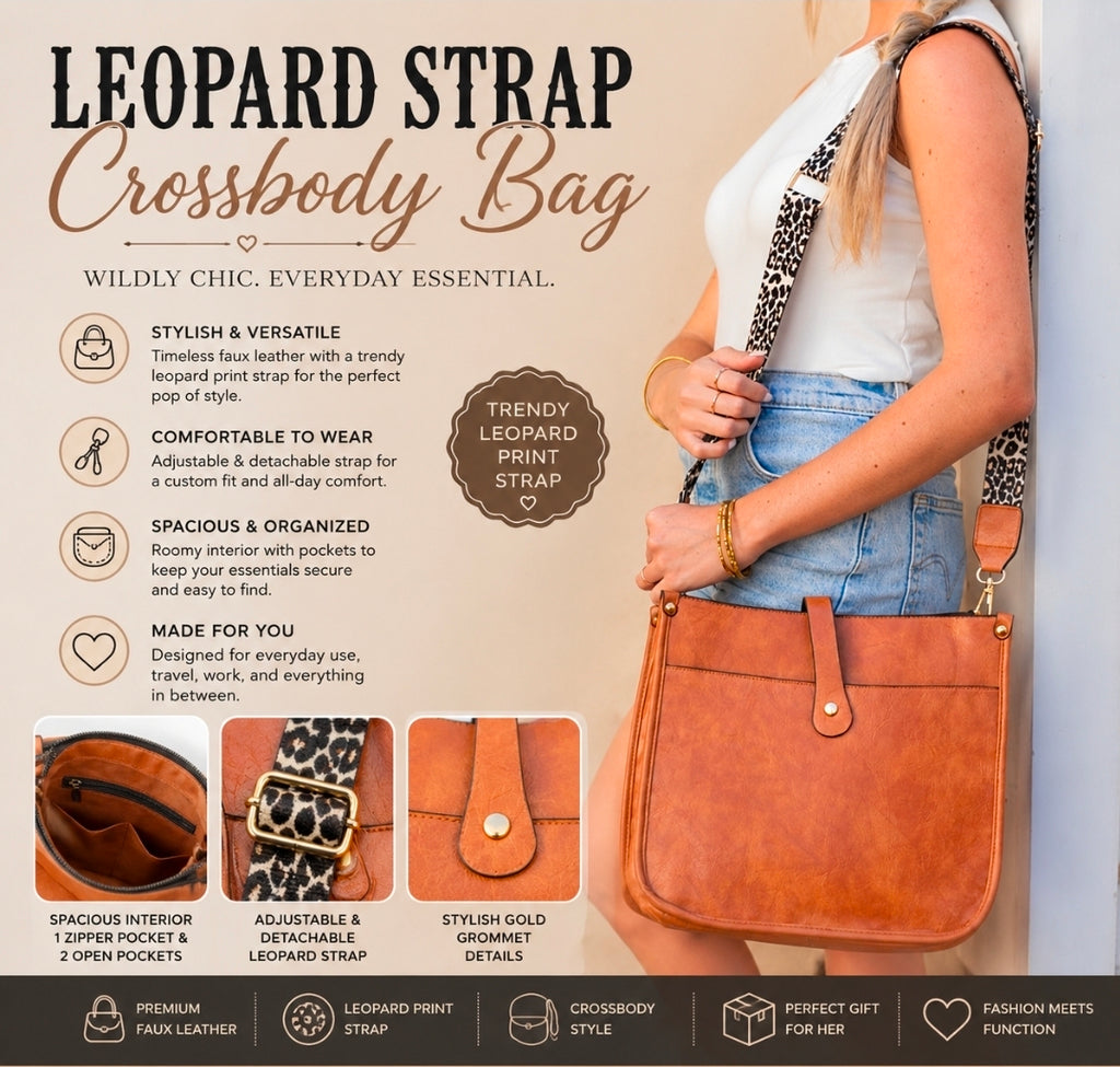 Leopard Strap Crossbody Bag | Vegan Leather Crossbody Purse | Women's Everyday Shoulder Bag | Boutique Handbag | Brown Crossbody with Adjustable Strap