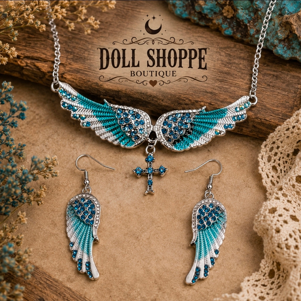 Turquoise Angel Wing Cross Necklace & Earring Set – Rhinestone Western Jewelry | Boho Cowgirl Statement Set