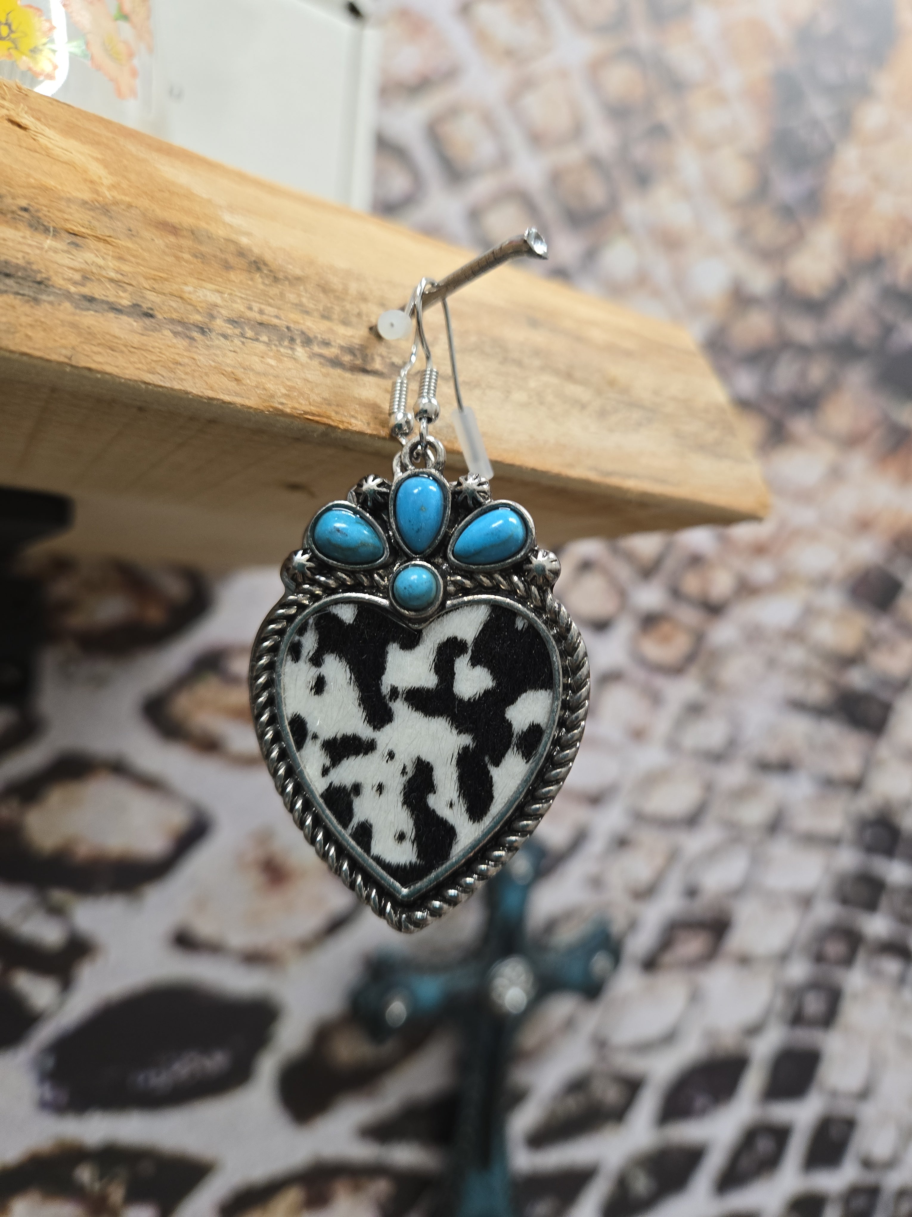 Western Faux Hair-on-Hide Heart Earrings with Turquoise Accent | Cowhide, Leopard & Alligator Variations