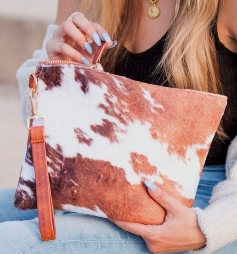 Brown Cow Print Faux Fur Clutch Bag | Western Cowhide Wristlet | Vegan Leather Wristlet | Western Boutique Handbag | Country Concert Clutch