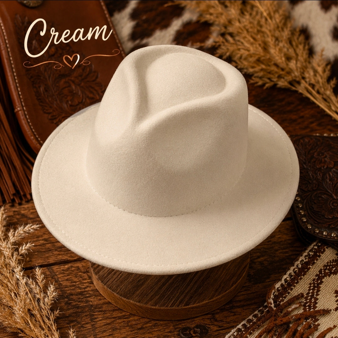 Wide Brim Felt Fedora Hat | Adjustable Flat Brim Jazz Hat | Western Boho Ranch Style | 8 Colors Available
