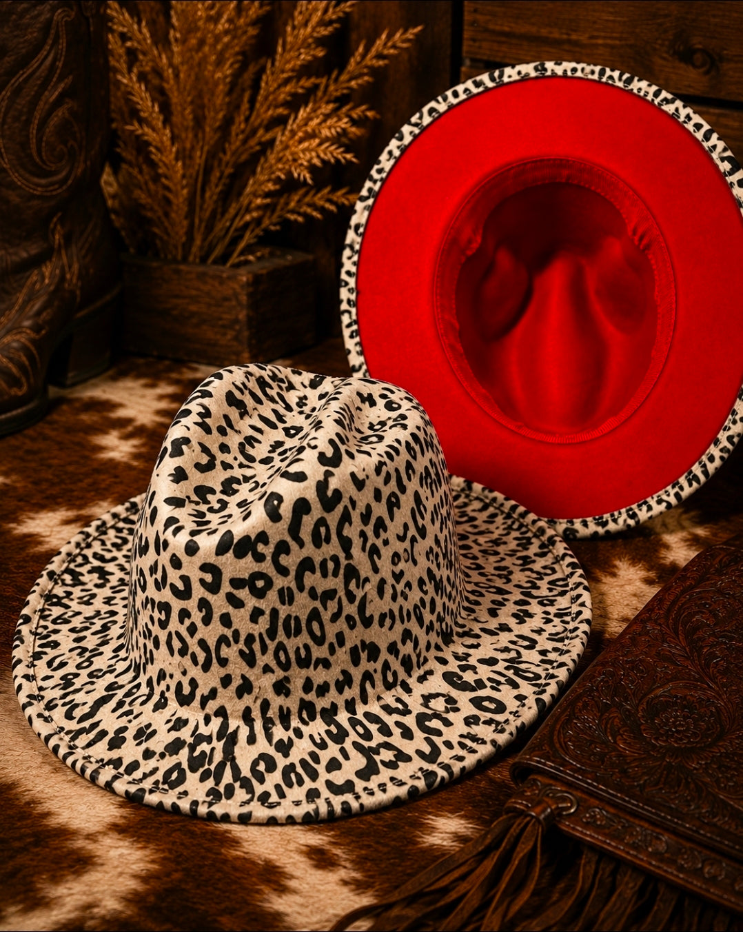 Leopard Print Fedora Hats with Red Underside, available in 3 different colors| Wide Brim Felt Fedora | Western Cowgirl Hat | Boho Ranch Hat | Statement Boutique Hat |