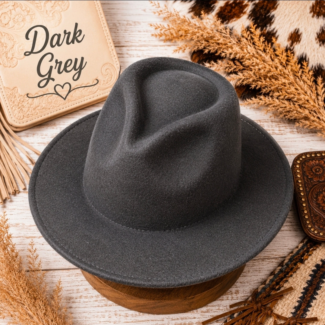 Wide Brim Felt Fedora Hat | Adjustable Flat Brim Jazz Hat | Western Boho Ranch Style | 8 Colors Available