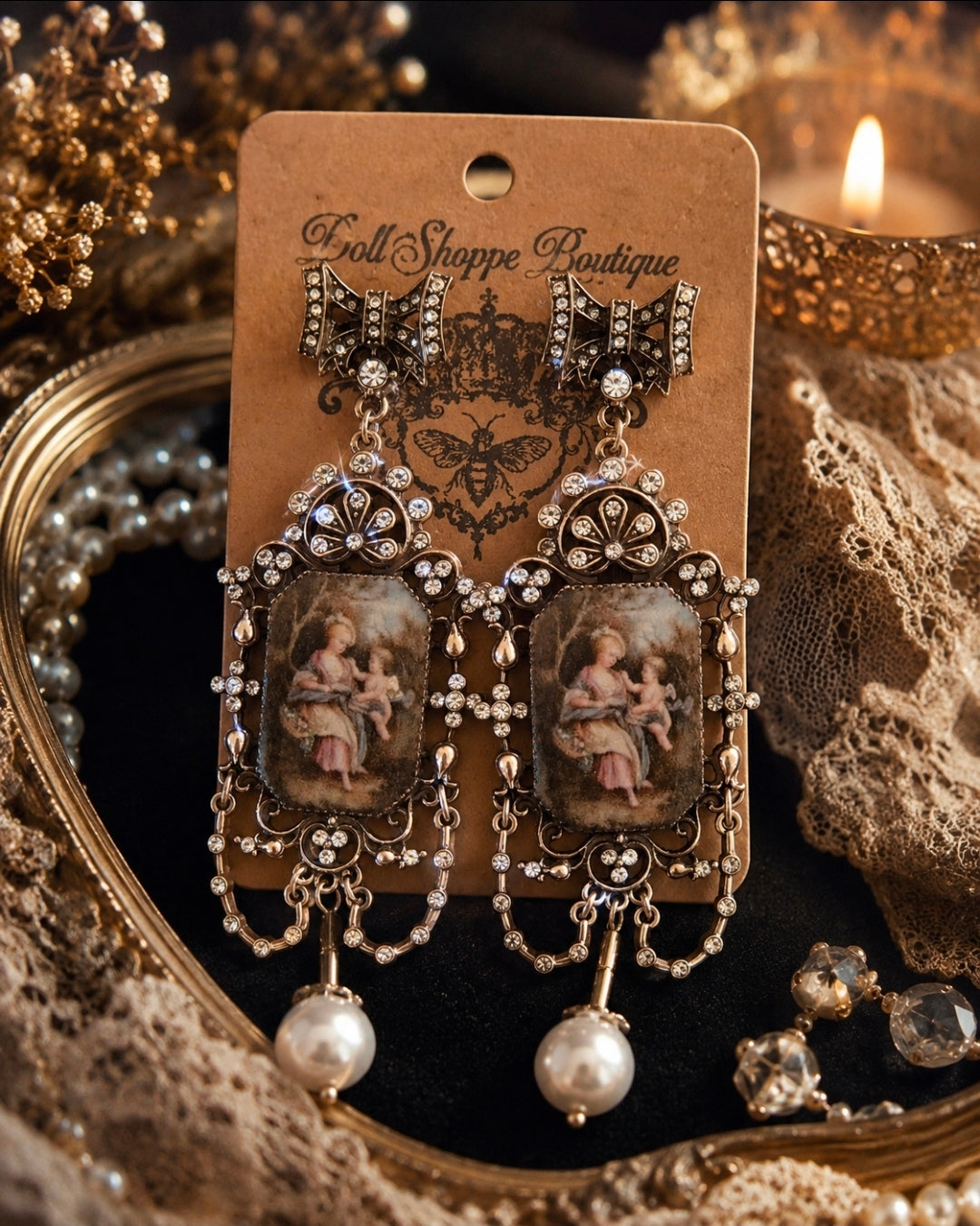 One of a Kind Vintage Victorian Chandelier Earrings | Romantic Renaissance Portrait Earrings | Baroque Pearl Rhinestone Statement Earrings | Antique Gold Cottagecore Jewelry | Wearable Art Boutique Earrings