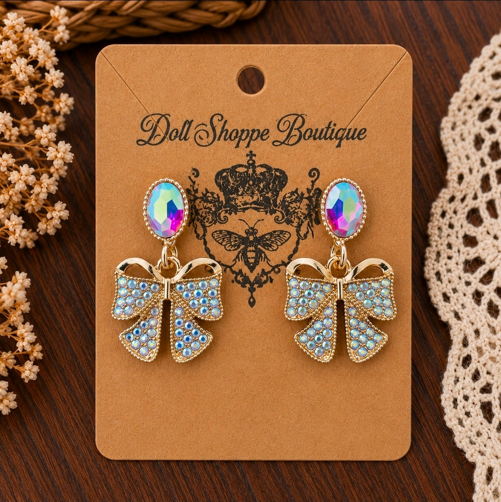 Gold Rhinestone Bow Earrings for Women | AB Crystal Statement Bow Earrings | Coquette Jewelry | Sparkly Glam Bow Dangle Earrings | Boutique Fashion Jewelry Gift
