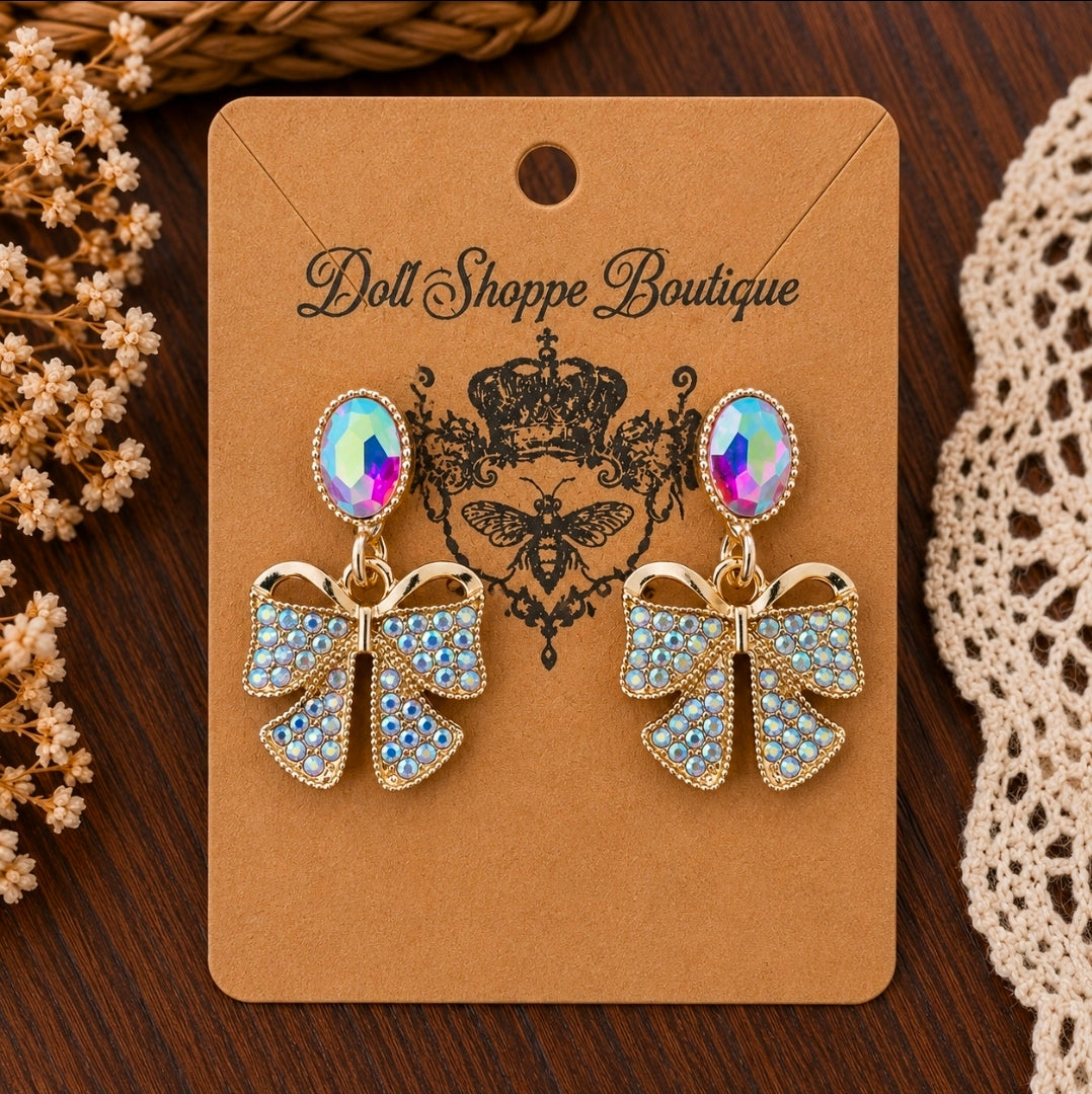 Gold Rhinestone Bow Earrings for Women | AB Crystal Statement Bow Earrings | Coquette Jewelry | Sparkly Glam Bow Dangle Earrings | Boutique Fashion Jewelry Gift