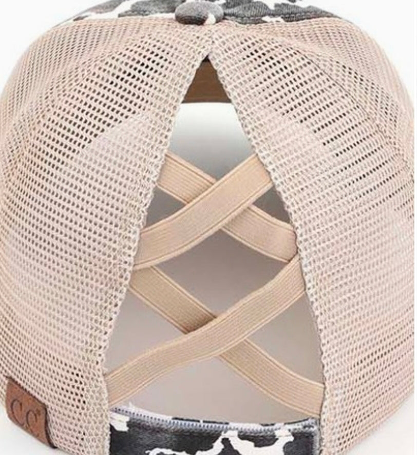 CC Cow Print Criss Cross Ponytail Trucker Hat | Distressed Cow Print Mesh Cap