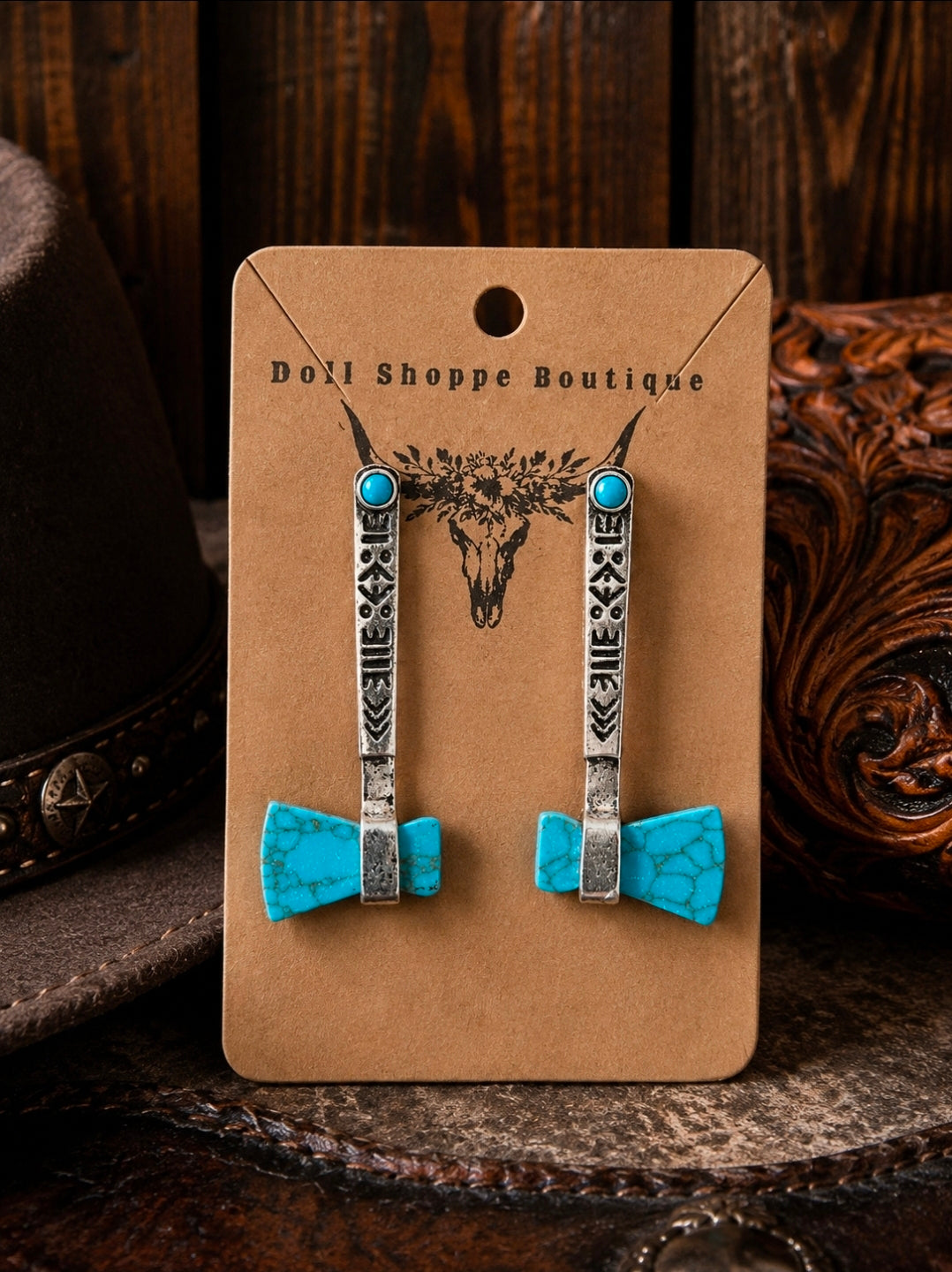 Western Turquoise Tomahawk Earrings | Tribal Engraved Silver Dangle Earrings | Cowgirl Statement Earrings | Southwestern Jewelry | Boho Western Boutique Gift