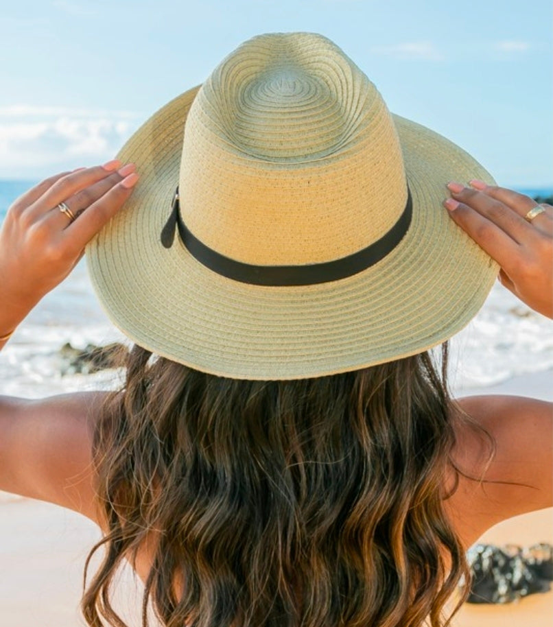 Drawstring Panama Hat for Women | Wide Brim Straw Sun Hat | Beach Hat with Adjustable Drawstring & Faux Leather Belt | Boho Western Cowgirl Summer Hat | Beige or Straw colors available