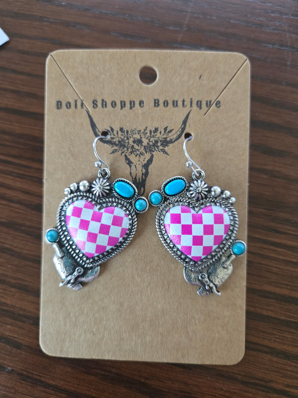 Pink Checkered Heart Western Earrings | Faux Turquoise Cowgirl Dangle Earrings | Retro Checkerboard Heart Earrings | Western Statement Jewelry for Women