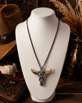 Western Longhorn Skull Necklace | Buffalo Skull Sweater Necklace | Cowgirl Statement Necklace | Western Boho Jewelry | Long Layering Necklace | Rustic Western Gift