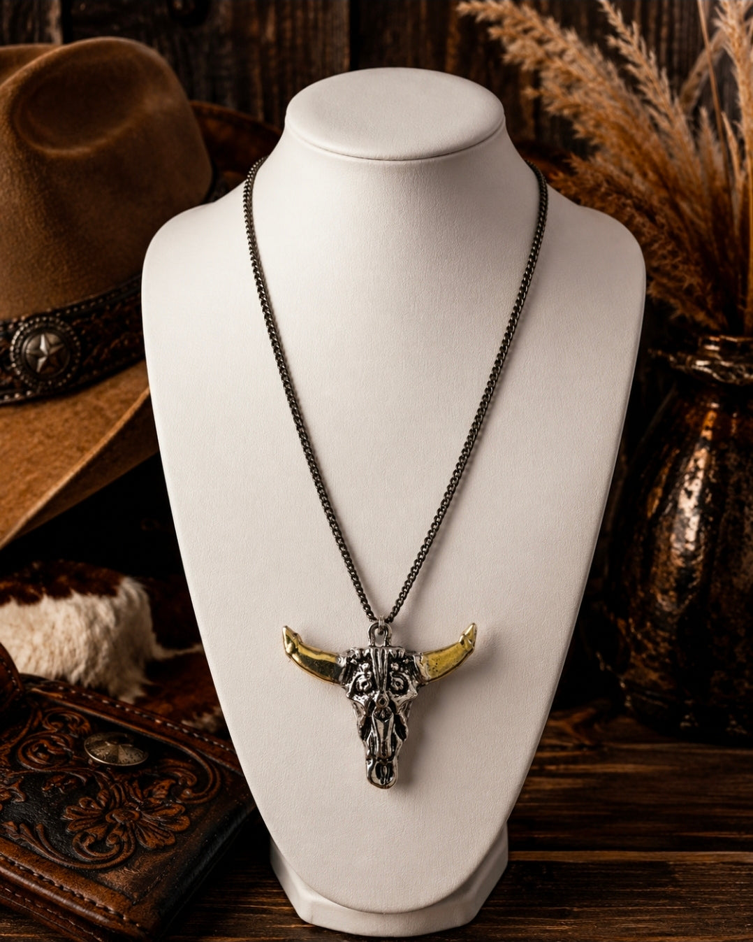 Western Longhorn Skull Necklace | Buffalo Skull Sweater Necklace | Cowgirl Statement Necklace | Western Boho Jewelry | Long Layering Necklace | Rustic Western Gift