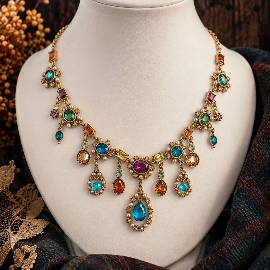 Vintage Inspired Multicolor Crystal Statement Necklace | Antique Style Bib Necklace | Victorian Boho Jewelry | Cottagecore Renaissance Necklace | Colorful Gem Pendant Necklace | Boutique Women's Jewelry