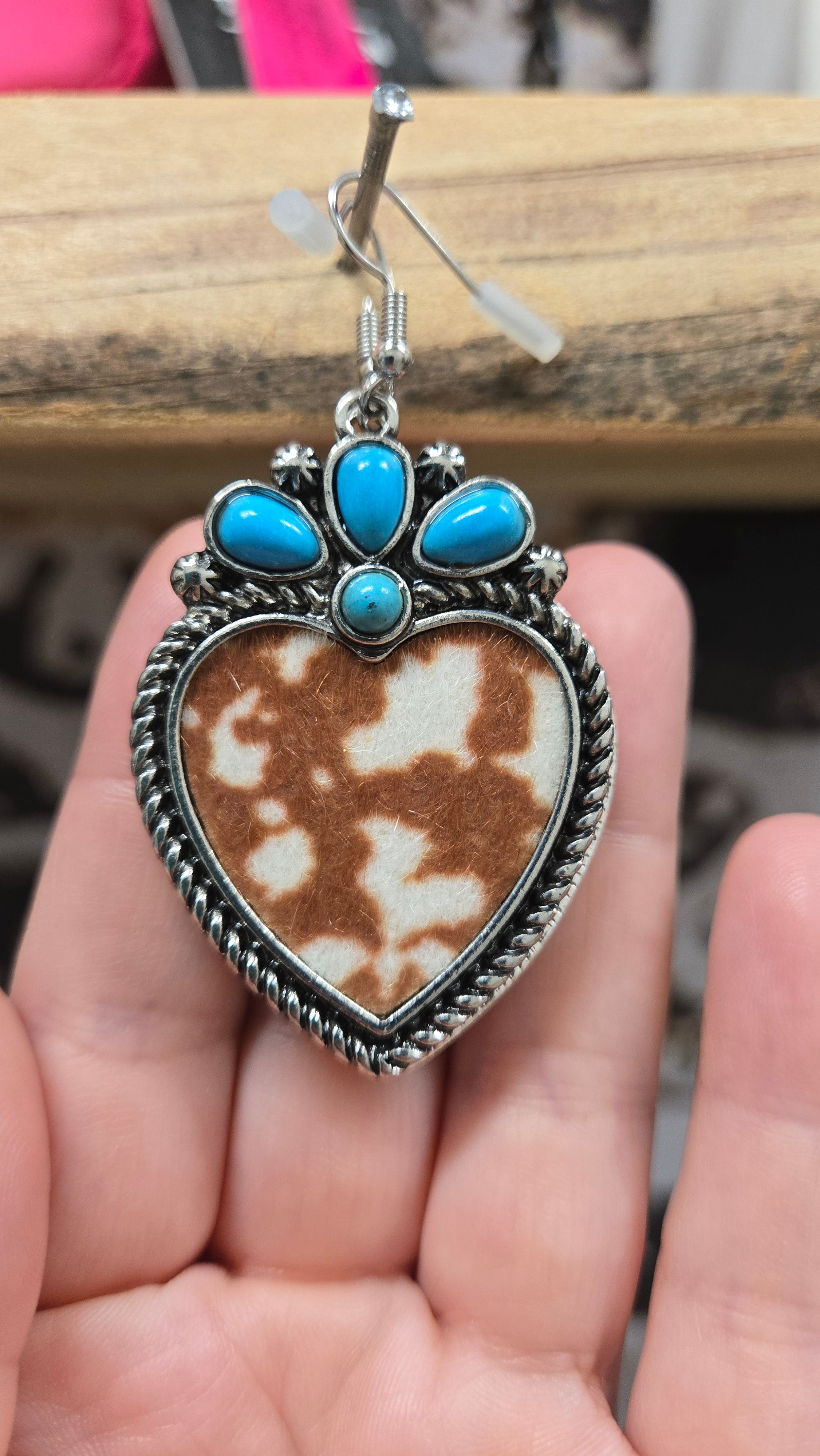 Western Faux Hair-on-Hide Heart Earrings with Turquoise Accent | Cowhide, Leopard & Alligator Variations