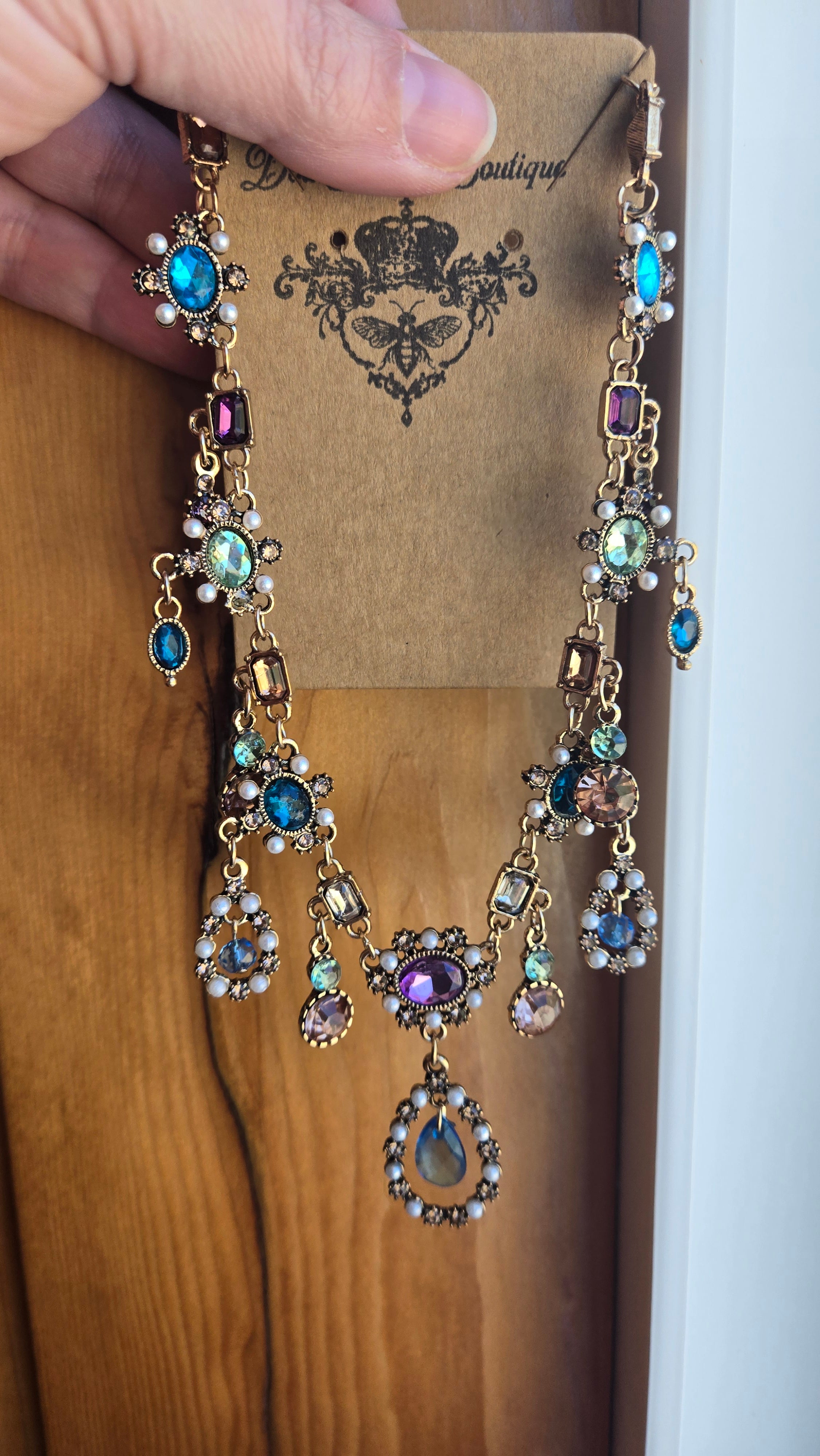 Vintage Inspired Multicolor Crystal Statement Necklace | Antique Style Bib Necklace | Victorian Boho Jewelry | Cottagecore Renaissance Necklace | Colorful Gem Pendant Necklace | Boutique Women's Jewelry