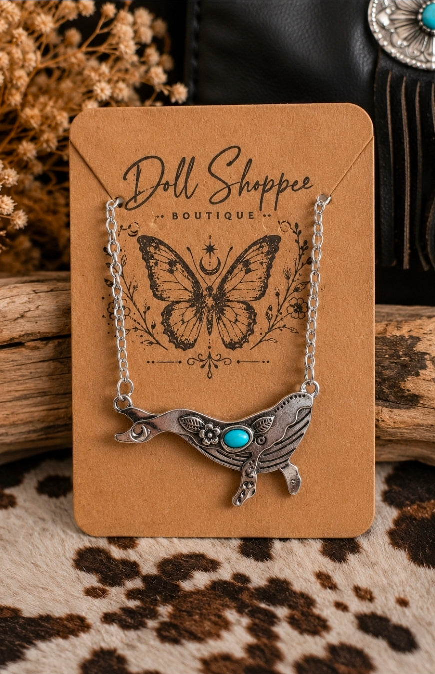 Whale Necklace | Western Ocean Pendant Necklace | Silver Whale Jewelry | Coastal Cowgirl Necklace | Faux Turquoise Whale Pendant Gift