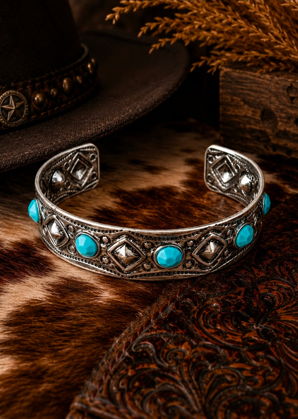 Western Turquoise Cuff Bracelet | Silver Southwestern Cuff | Boho Cowgirl Statement Bracelet | Adjustable Western Jewelry | Boutique Gift for Her