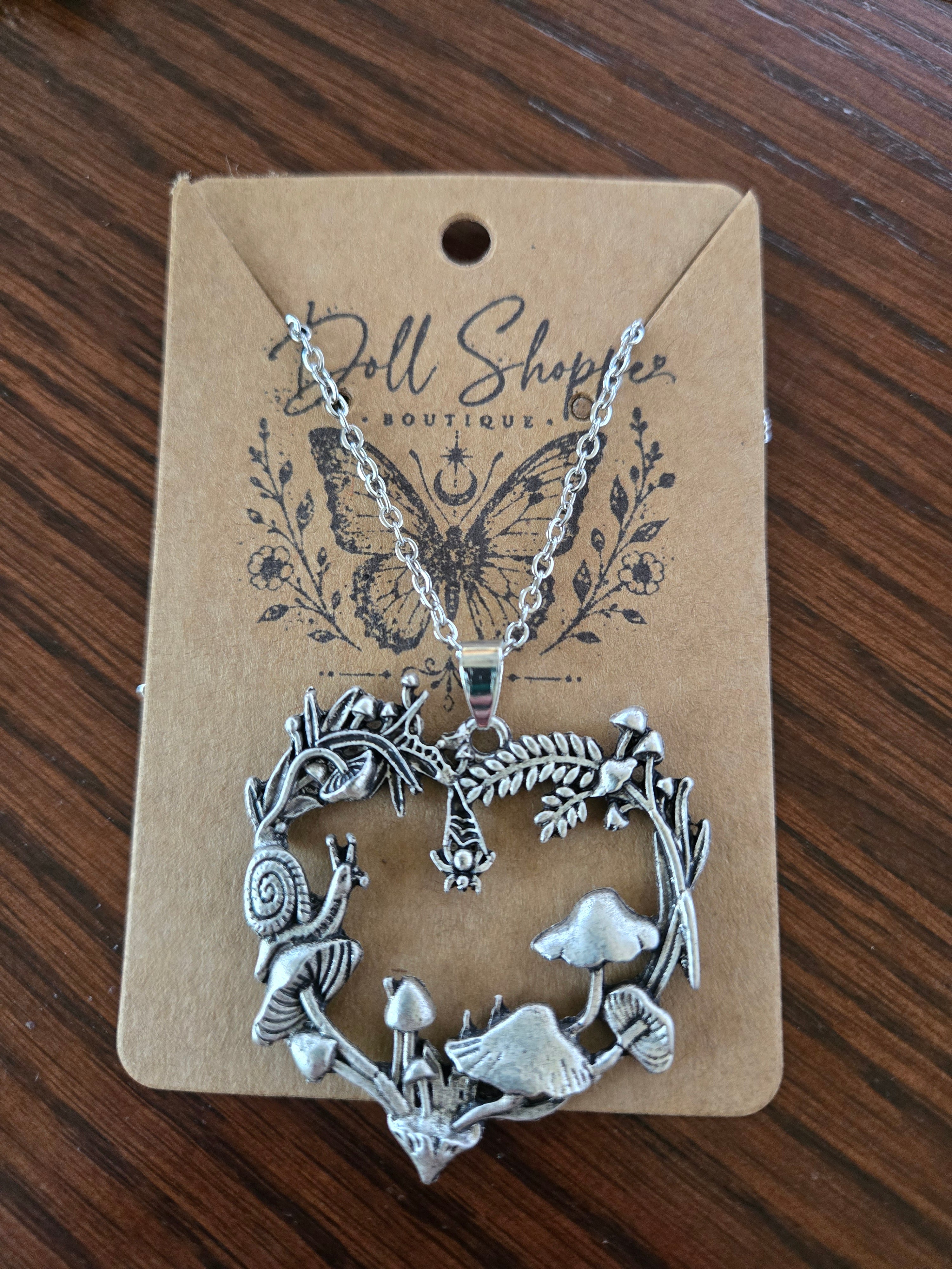 Cottagecore Mushroom & Snail Wreath Necklace | Woodland Forest Pendant | Fairycore Nature Jewelry | Whimsical Botanical Necklace | Silver Mushroom Charm