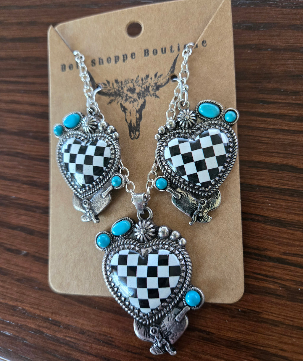 Western Checkerboard Heart Necklace & Earring Set | Faux Turquoise Jewelry Set | Cowgirl Statement Necklace | Black White Heart Pendant | Boutique Gift for Her