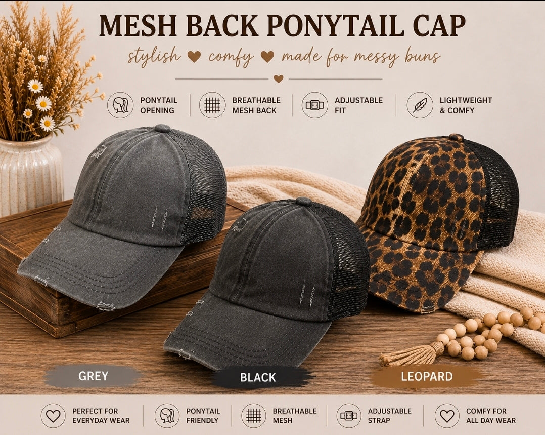 Mesh Back Ponytail Baseball Cap | Distressed Trucker Hat | Leopard, Black & Grey | High Ponytail Hat | Adjustable Women's Ball Cap
