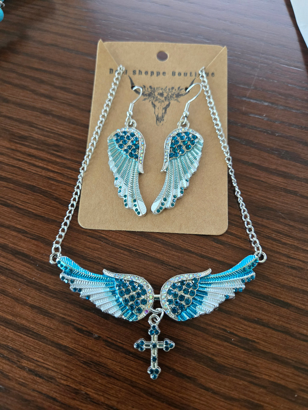 Turquoise Angel Wing Cross Necklace & Earring Set – Rhinestone Western Jewelry | Boho Cowgirl Statement Set