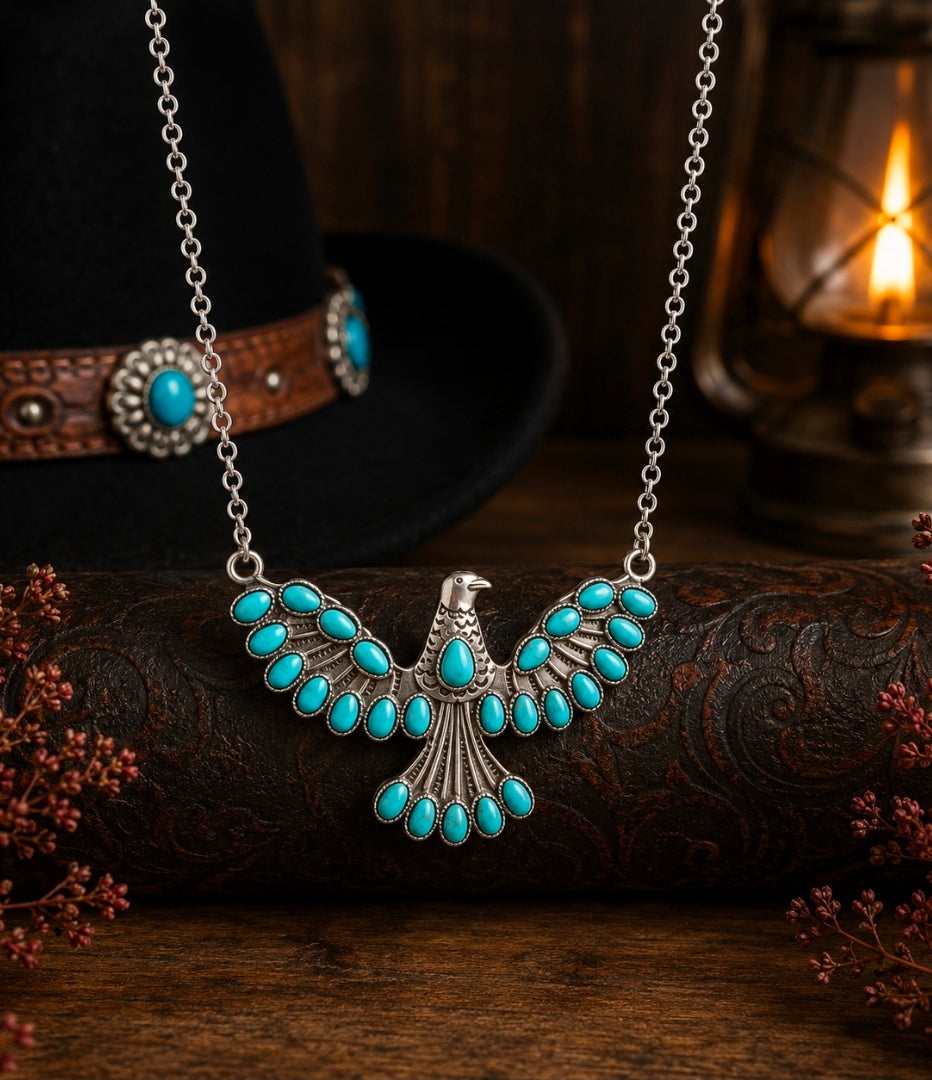 Western Thunderbird Turquoise Statement Necklace | Silver Tone Southwestern Bird Pendant Necklace
