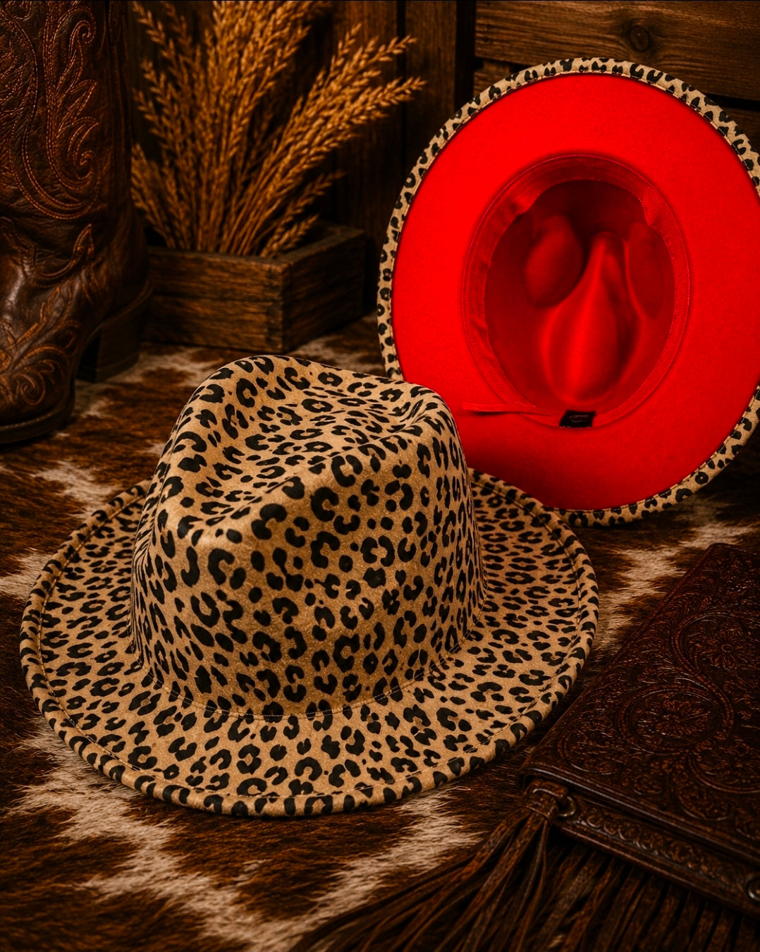 Leopard Print Fedora Hats with Red Underside, available in 3 different colors| Wide Brim Felt Fedora | Western Cowgirl Hat | Boho Ranch Hat | Statement Boutique Hat |