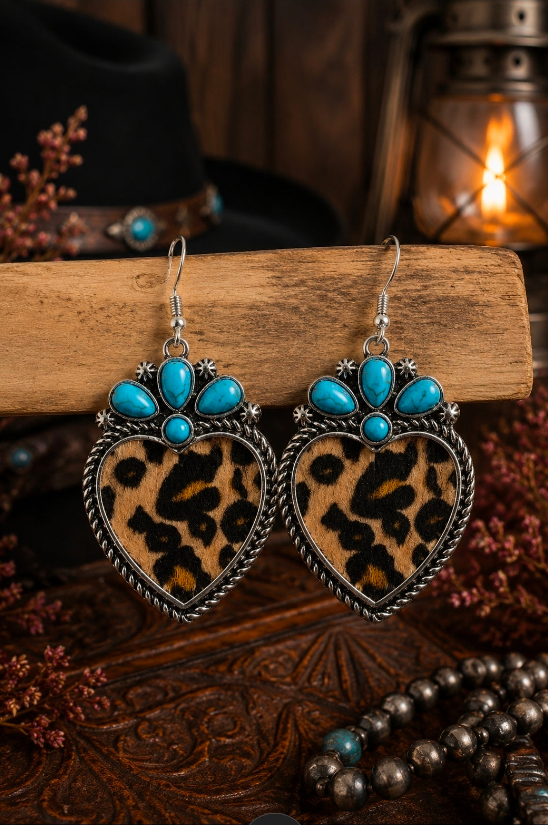 Western Faux Hair-on-Hide Heart Earrings with Turquoise Accent | Cowhide, Leopard & Alligator Variations
