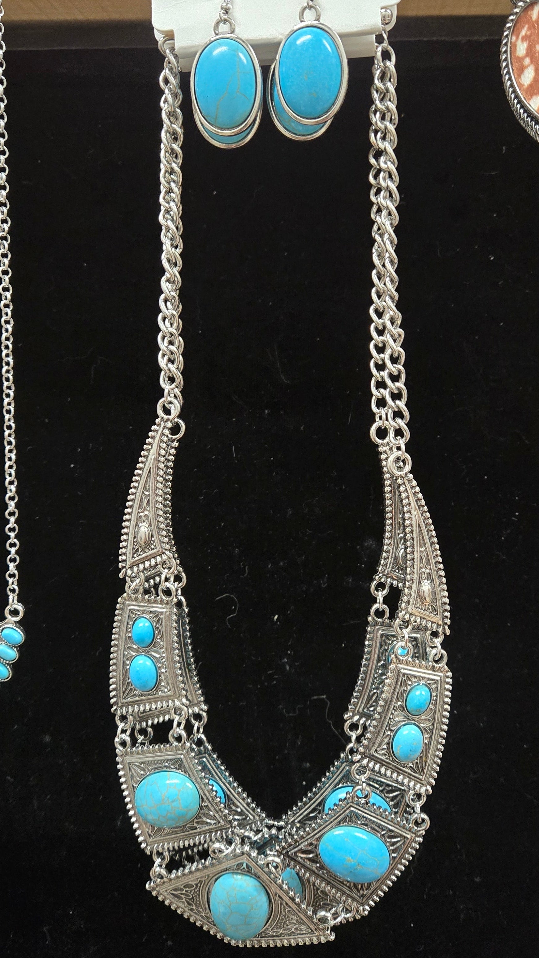 Western Turquoise Statement Necklace & Earring Set | Silver Tone Southwestern Jewelry Set